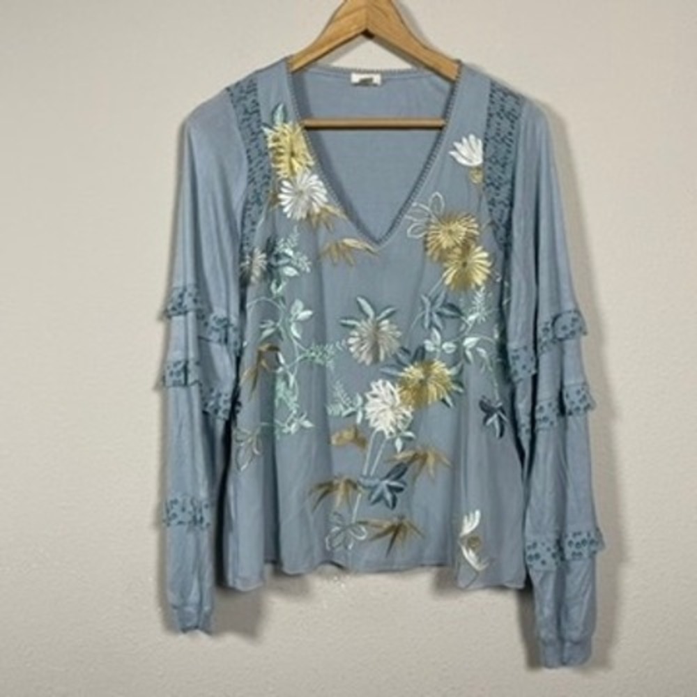 Tiny Floral Embroidered Ruffle Sleeve Top Womens M Blue Feminine Fairycore Boho